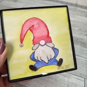 Red Hat Gnome Watercolor Art Black Frame 4" Square Table Wall Decor Cottagecore